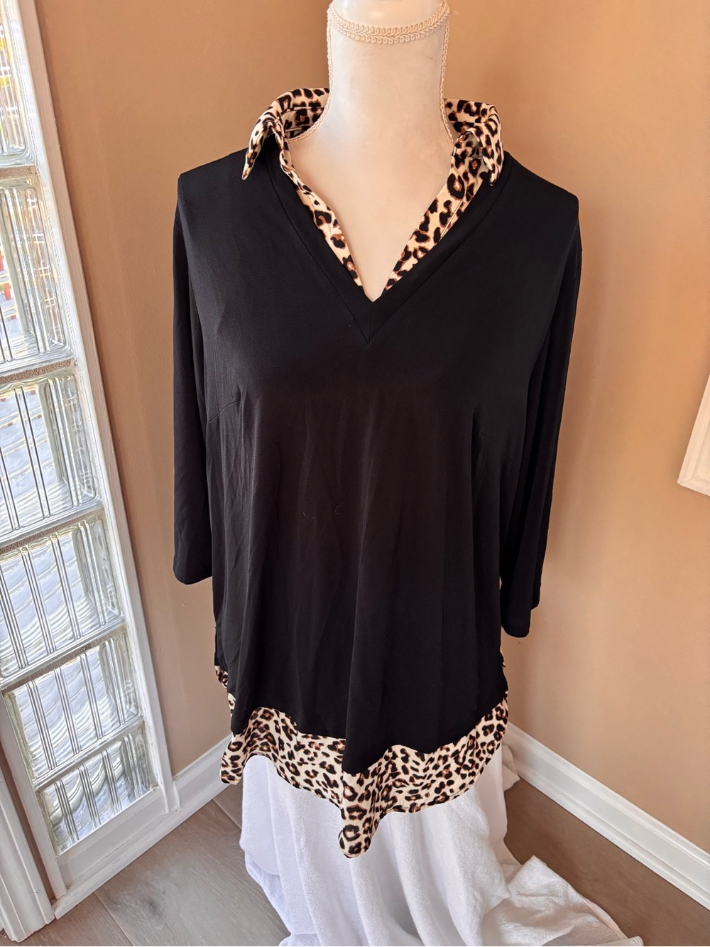 Adrianna Papell Black V-Neck Tunic with Leopard Trim 1X